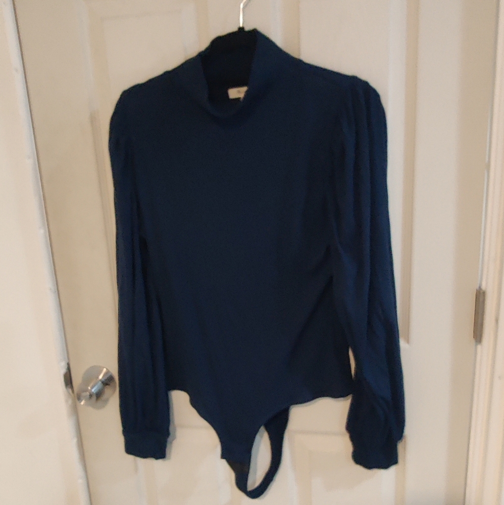 Navy Blue Madewell Mock Neck Puff Sleeve Bodysuit
